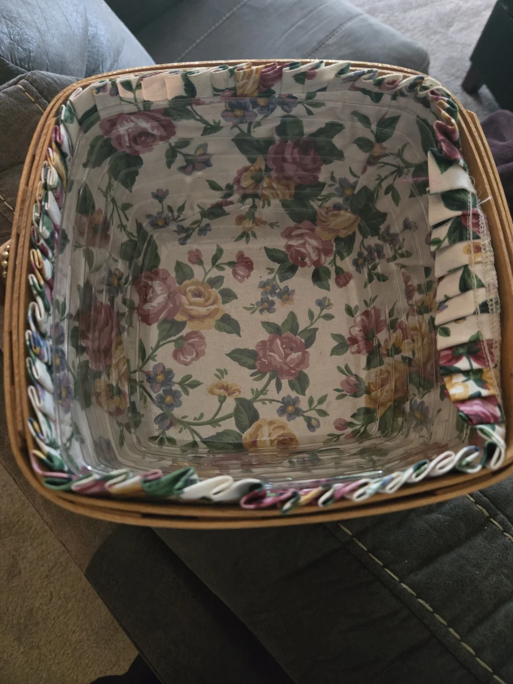 Vintage 1995 Longaberger Medium Square Berry Basket with Handle, Floral Liner